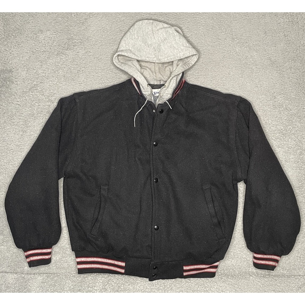 Vintage Spalding Wool Blank Varsity Jacket Mens L Hooded Lined Black Made In USA
